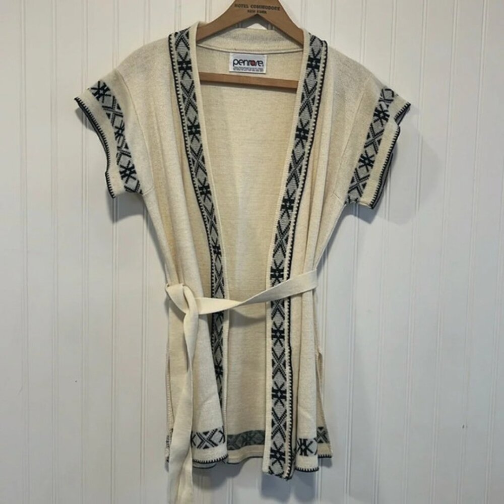 70's Aztec print short sleeve cardigan wrap with belt cream black hippy boho